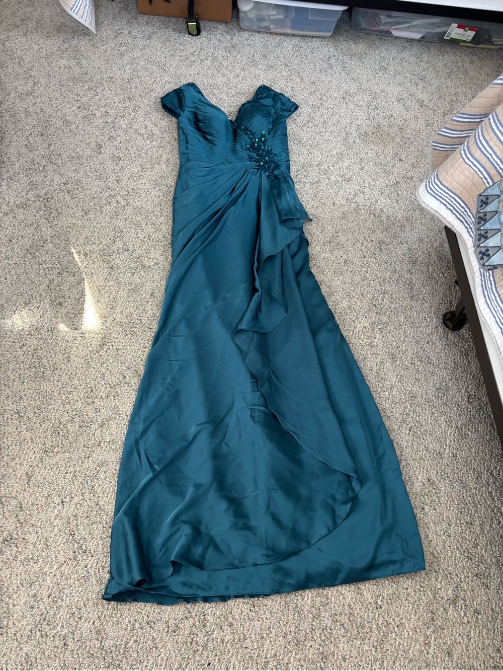 Teal Evening Gown with Ruching and Floral Embellishment